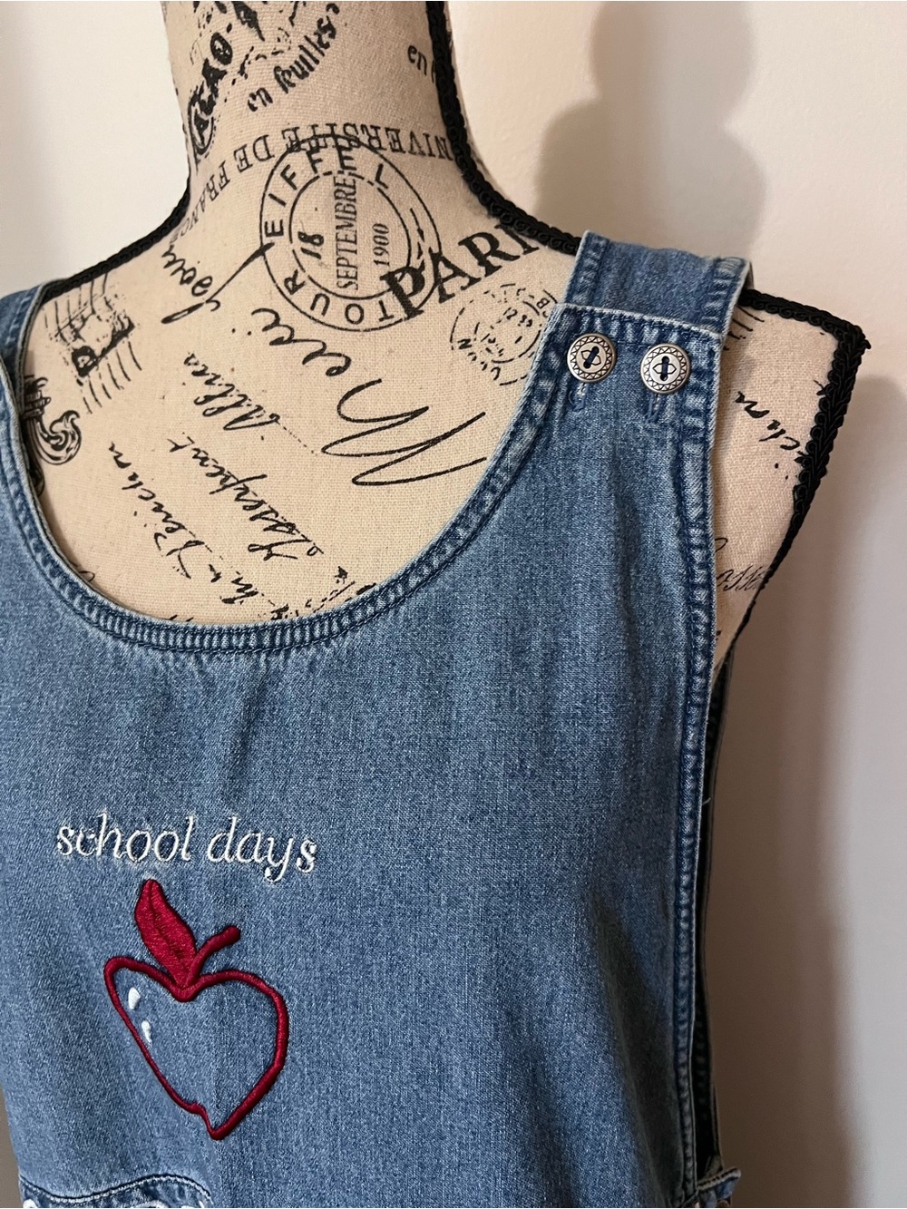 VTG Christopher & Banks Denim Jumper Dress Teacher School Days Apple Alphabet L - Picture 4 of 11